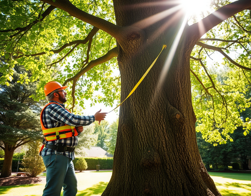 An arborist in safety gear inspecting a large tree in a well-maintained yard, with sunlight filtering through the leaves, symbolizing proactive tree care and health