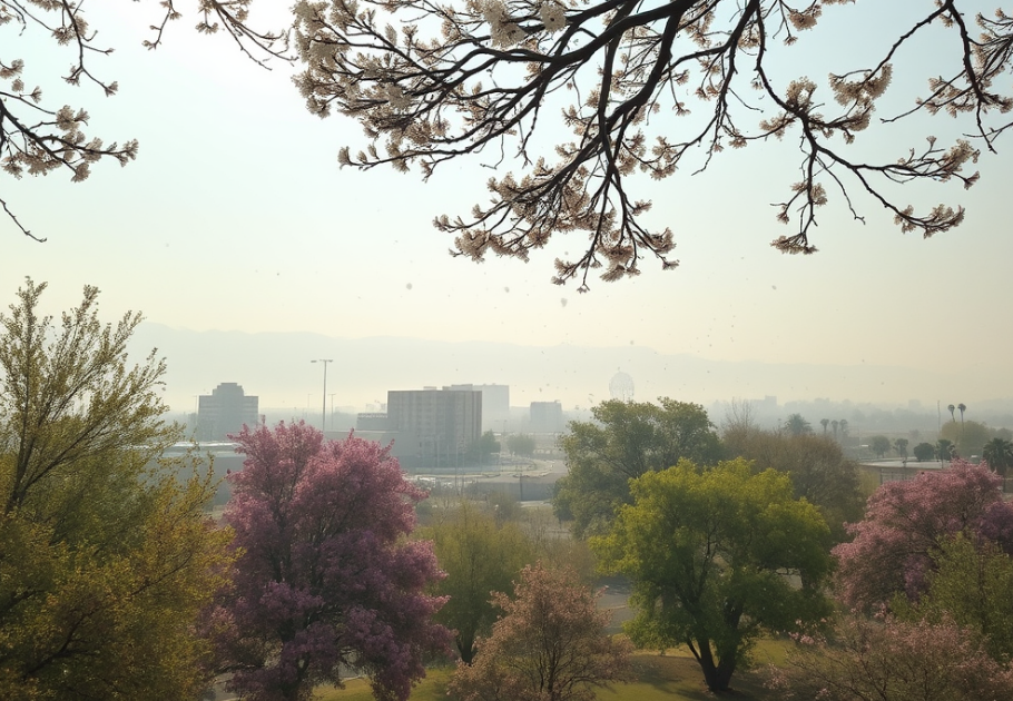 A scenic view of Chandler, Arizona, with a variety of trees in bloom, releasing pollen into the air. The image captures a hazy atmosphere with visible pollen grains floating in sunlight.