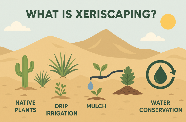 Infographic explaining xeriscaping methods for desert environments.