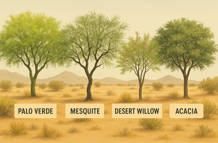 Xeriscape-friendly trees suitable for Chandler homes including Palo Verde and Mesquite.