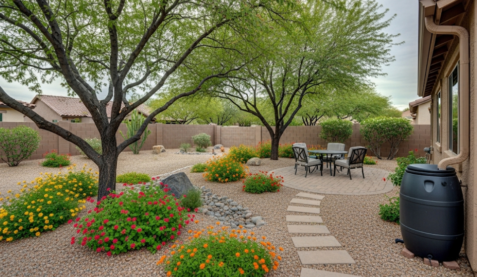 Xeriscape design combining trees, native plants, patio, and water-saving features.
