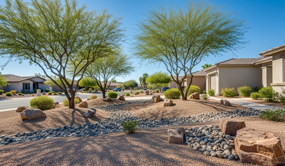 Xeriscaped front yard in Chandler, Arizona with low-water trees and desert landscaping.