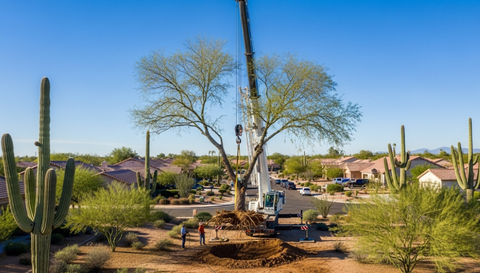 Tree being transplanted using equipment in Chandler’s desert climate
