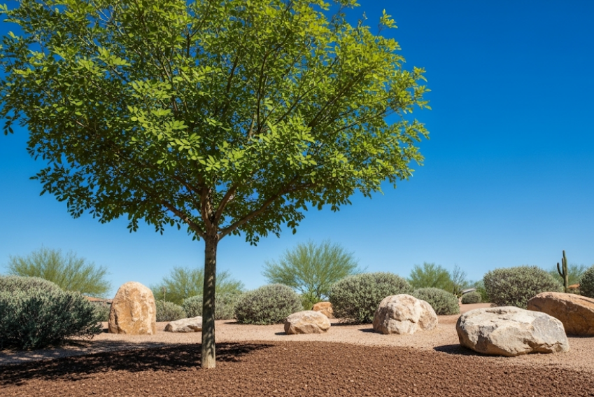 Healthy tree growing in quality soil under the bright desert sun in Chandler, Arizona.