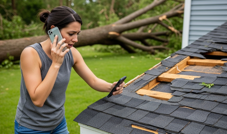 Homeowner photographing tree damage and contacting insurance after a tree fell on the house.