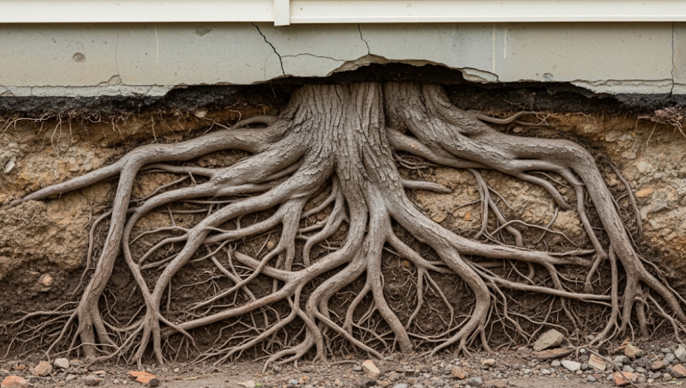 Illustration of tree roots growing under a house foundation, showing potential structural damage.
