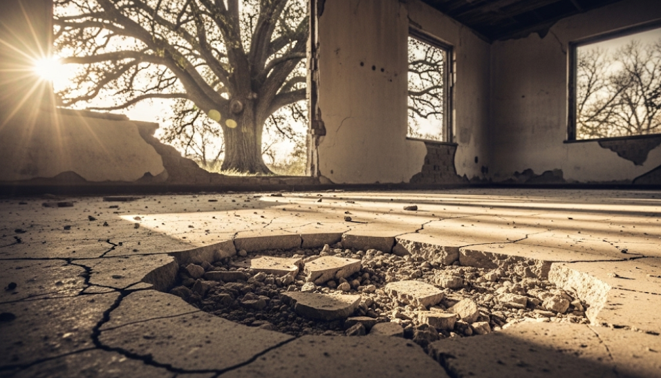 Cracked wall near the base of a home, a sign of tree root damage near the foundation.