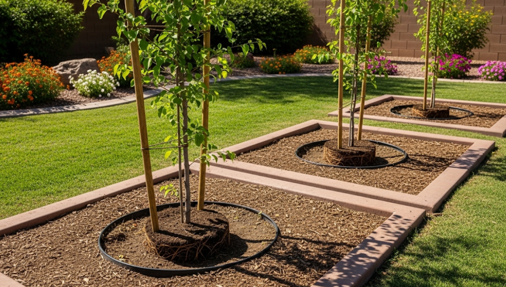 Smart tree planting near a house in Chandler using raised planters and root barriers.