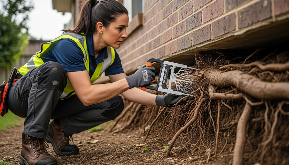 Certified arborist conducting a root inspection near a home’s foundation in Chandler.