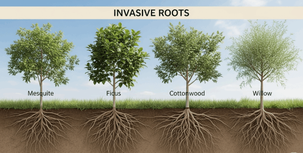 Common trees in Chandler with invasive roots including mesquite, ficus, and cottonwood.