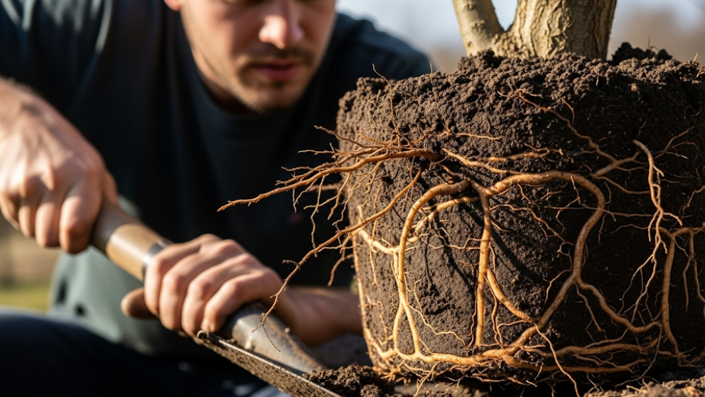 Digging around root ball during tree transplant preparation