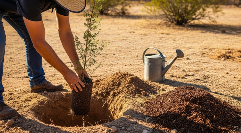 Tree being replanted in a new hole with mulch and water tools in Chandler