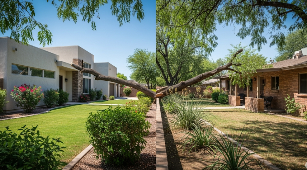 Tree fallen from neighbor’s yard across property line in Chandler, highlighting legal responsibility.