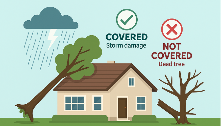 Infographic showing when homeowners insurance covers tree damage versus when it doesn’t.