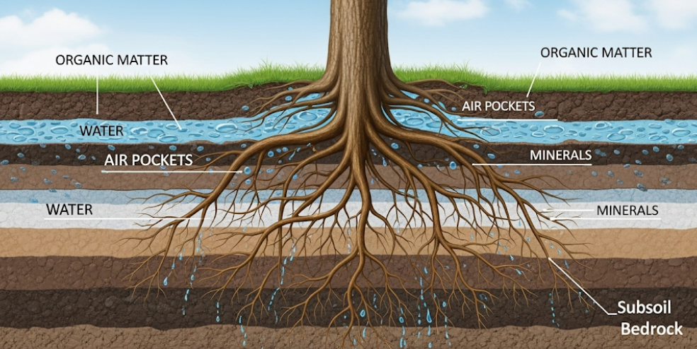 Illustration showing how healthy soil supports tree roots with water, air, and nutrients.