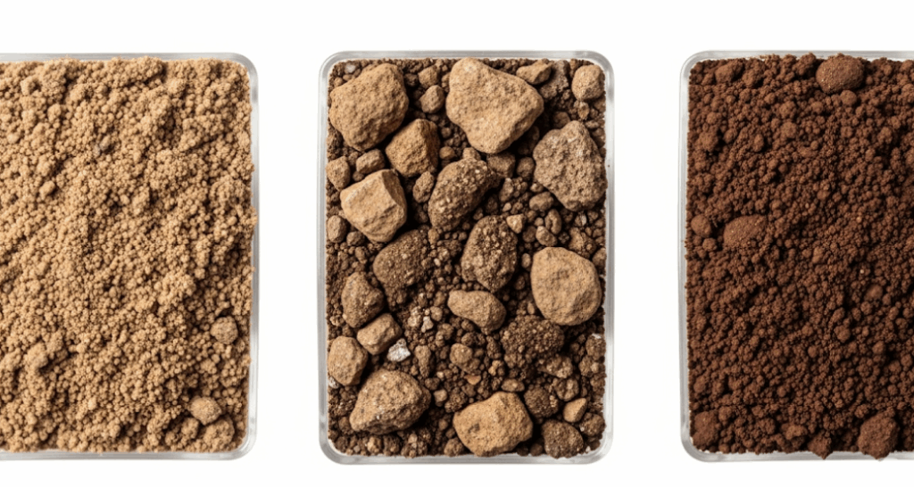 Three samples showing sandy, rocky, and clay soil types common in Chandler, Arizona.