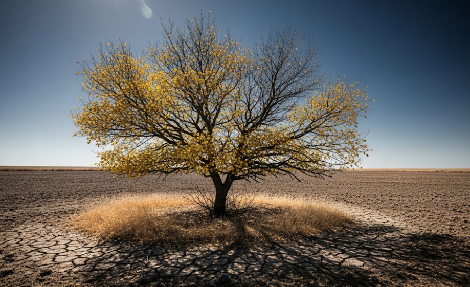 Tree showing signs of poor soil health with yellow leaves and dry, cracked earth.