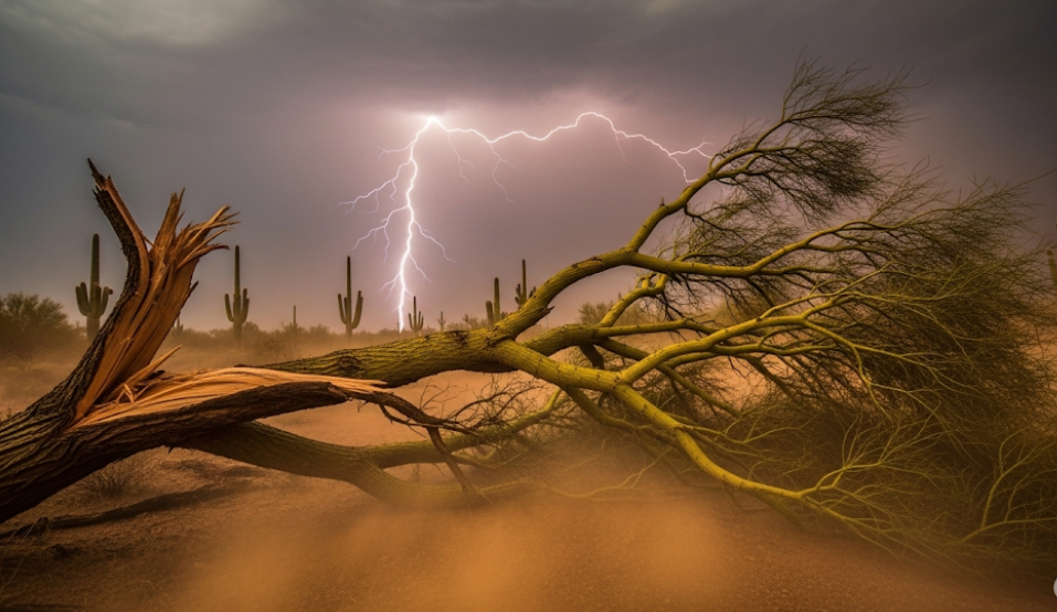 Broken tree branch in Chandler after a monsoon storm showing common tree damage.