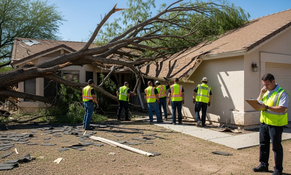Fallen tree damaging a home in Chandler, Arizona with visible roof impact and inspection in progress.
