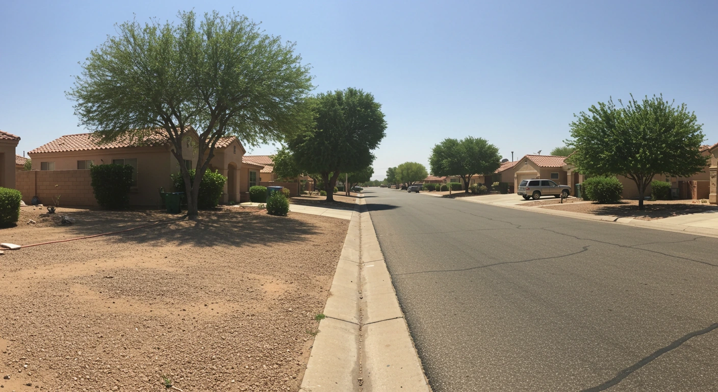 Sun-scorched street with heat-stressed trees in Chandler, Arizona