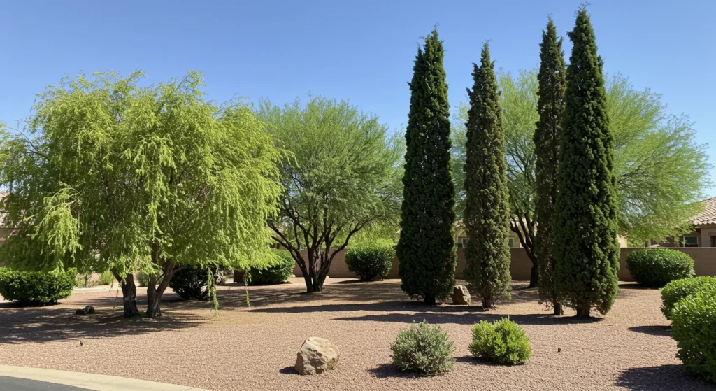 Healthy heat-tolerant trees like Desert Willow in a Chandler landscape.