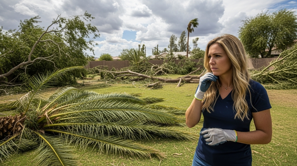 Storm-damaged yard in Chandler, Arizona with fallen tree branches and a homeowner inspecting the debris.