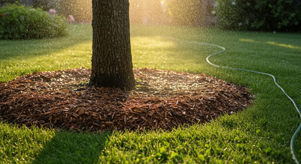 Tree base with mulch and deep watering in the early morning for heat protection