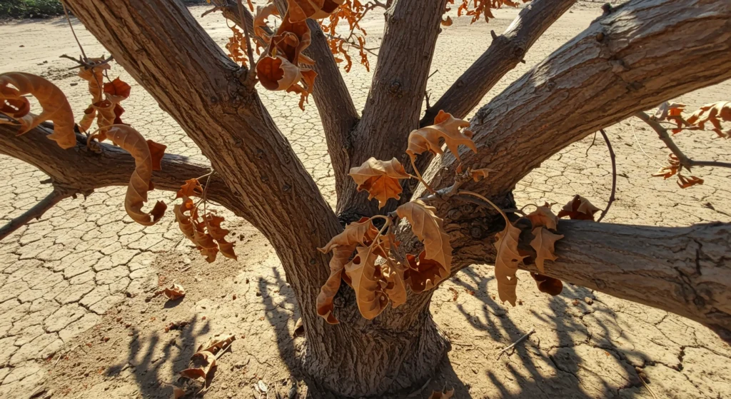 Close-up of tree leaves curling and browning due to heat stress