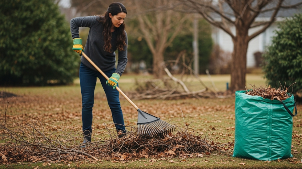 Cleaning up small tree debris with a rake and compost bag after a storm.