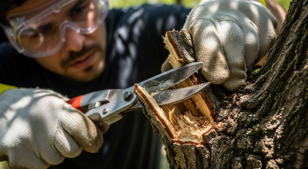 Trimming a broken branch from a storm-damaged tree using loppers.