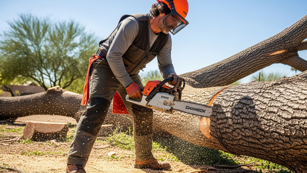 Certified arborist removing a large fallen tree trunk after storm damage in Chandler.