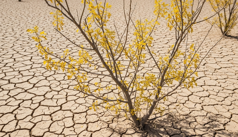 Desert tree with yellow leaves and cracked soil, showing signs of nutrient deficiency in Chandler's arid climate.