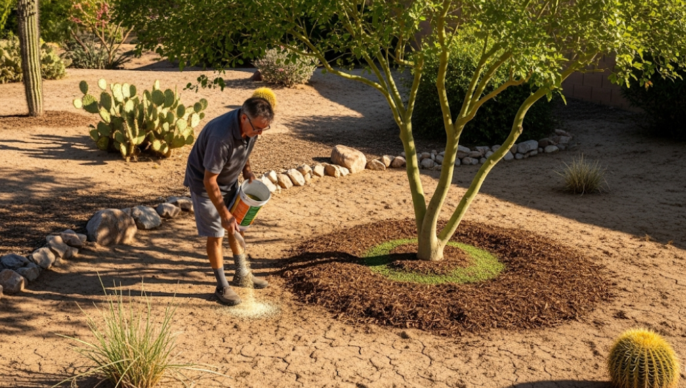 Person fertilizing a desert-adapted tree in dry Chandler soil with visible mulch and healthy green leaves under Arizona sunlight.