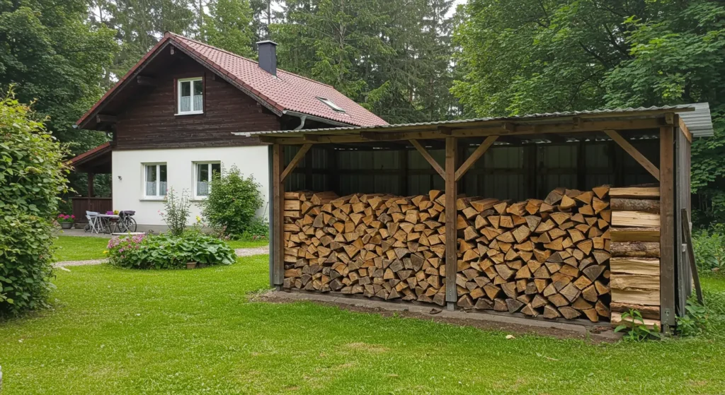 Stack of firewood neatly stored in a wooden shed beside a rustic cottage with a red roof and lush green garden.