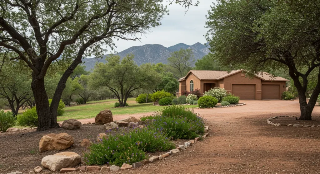 Southwestern-style home with native landscaping, dirt driveway, and mountain views surrounded by mature desert trees and shrubs.
