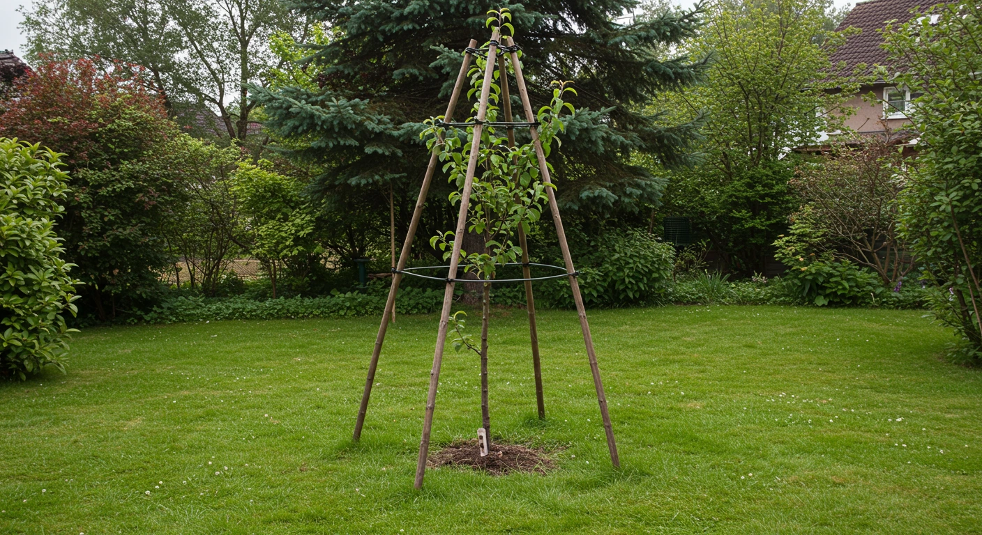 Staked young tree secured to withstand strong winds during Chandler’s monsoon season.