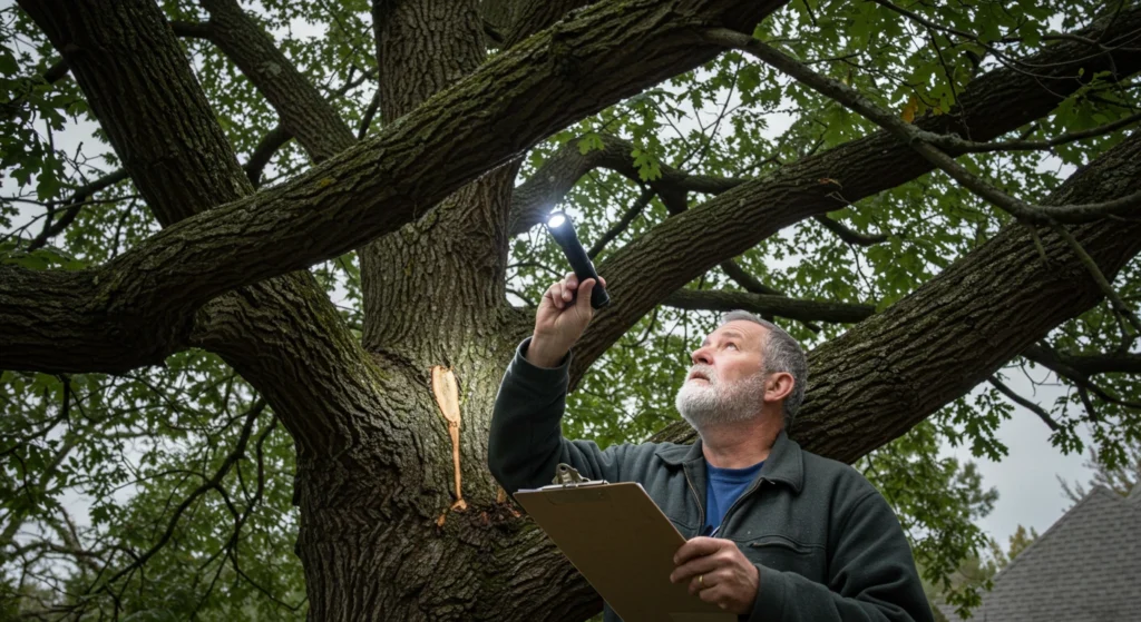 Homeowner inspecting backyard tree for damage before monsoon season in Chandler.