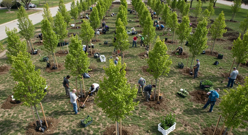 people planting trees in a sequnce